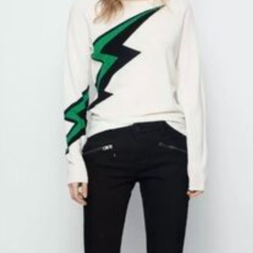 Zadig & Voltaire White Sweater with Green Lightning Bolt